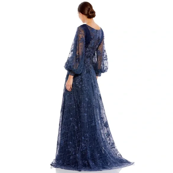 NWT MAC DUGGAL EMBELLISHED PLUNGE NECK PUFF SLEEVE A LINE GOWN 20283 - Picture 5 of 16